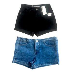 Set of 2 - black high waisted denim shorts + blue mid rise shorts dark wash